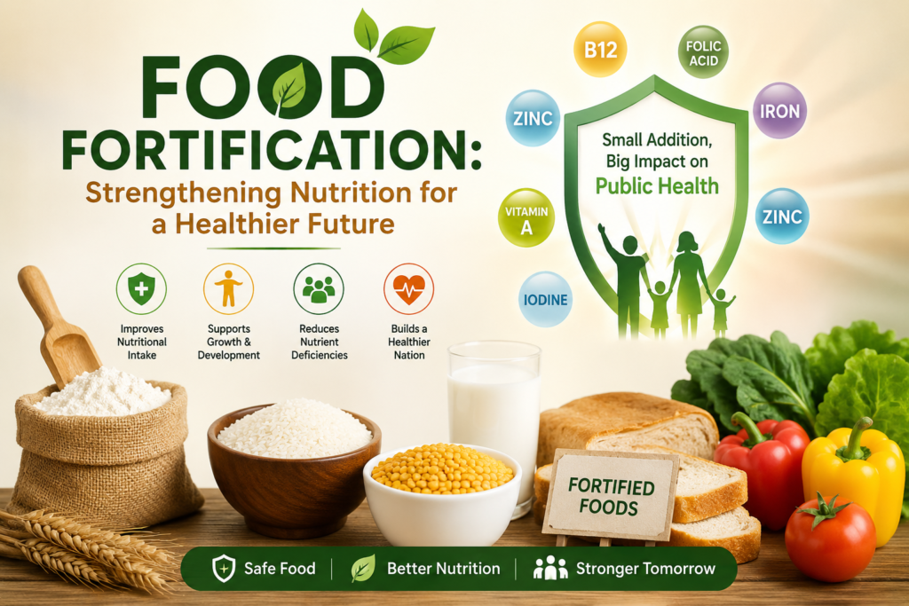 Food fortification with essential nutrients including iron, zinc, vitamin A, iodine, folic acid and vitamin B12 to support better nutrition and public health.