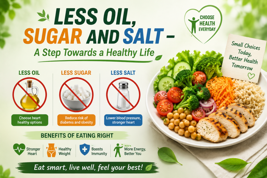 Less oil, sugar and salt for a healthier lifestyle with balanced nutritious food and fresh vegetables.