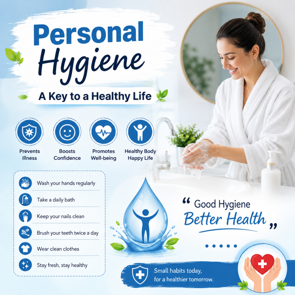 Personal hygiene infographic showing a person washing hands with tips for handwashing, bathing, brushing teeth, wearing clean clothes, and maintaining good hygiene for a healthy life.