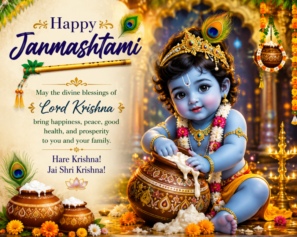 Happy Janmashtami 2026 celebrating the divine birth of Lord Krishna with traditional festive decorations